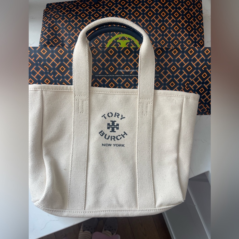 Tory Burch Beige Canvas Tote with Patterned Interior